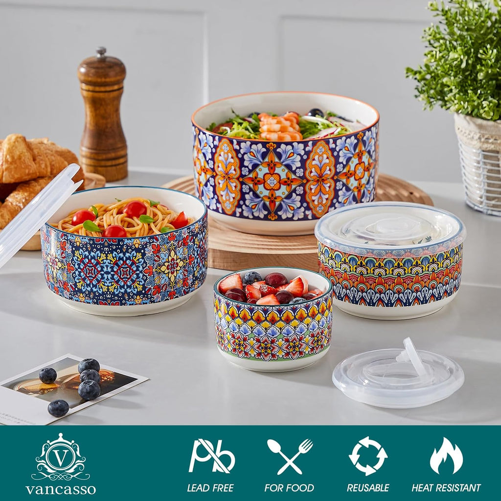 Serving Bowls with Lids, Ceramic Mixing Bowls Set of 4, Boho | Nesting Bowls for Food Storage, Prep, Stackable