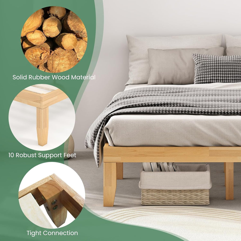 14 Inches Wood Platform Bed Frame Queen, Wooden Mattress Foundation with Rubber Wood Frame, Strong Wooden Slats