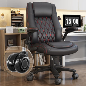 High Back Executive Office Desk Chair, Leather Computer Chair, Black | 2.6"Rubber Wheels, Flip-up Arms, Heavy Duty