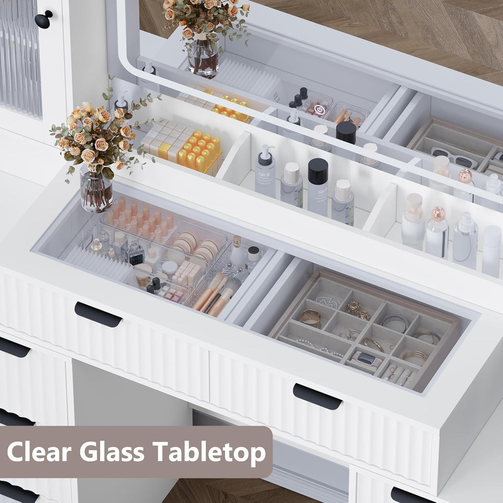 Fluted Makeup Vanity Desk with Mirror and Lights, 55" Glass Top Vanity with 8 Drawers & 4 RGB Glass Cabinets