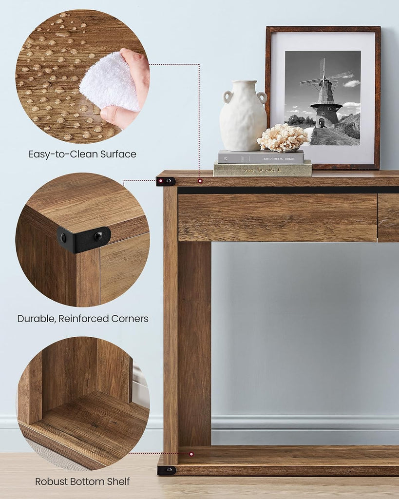 Sofa Console Table, 47.2 Inches Narrow Entryway Table with 3 Drawers, Bottom Shelf, Metal Corners