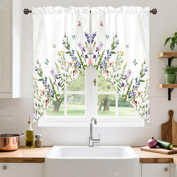 Spring Wildflower Green Leaves Swag Valances for Windows, 36x63 in 1 Pair