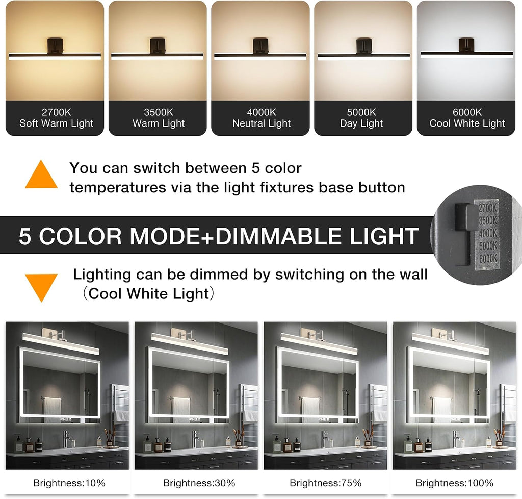 LED Vanity Light Fixture,Brushed Nickel 23.6'' 5CCT DimmableAdjustable & Rotatable Bathroom Light Fixture Above