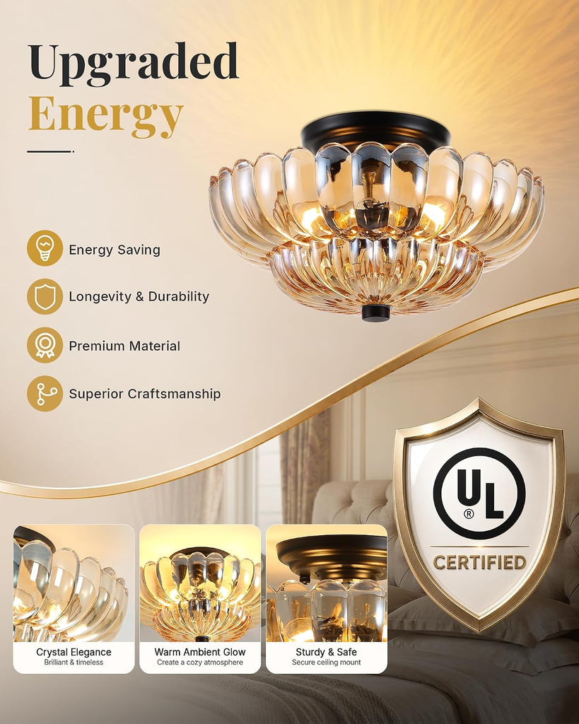 Semi Flush Mount Ceiling Light Fixture 11.8" Vinatge Black Ceiling Lights Mid Century Modern Glass Close to Ceiling