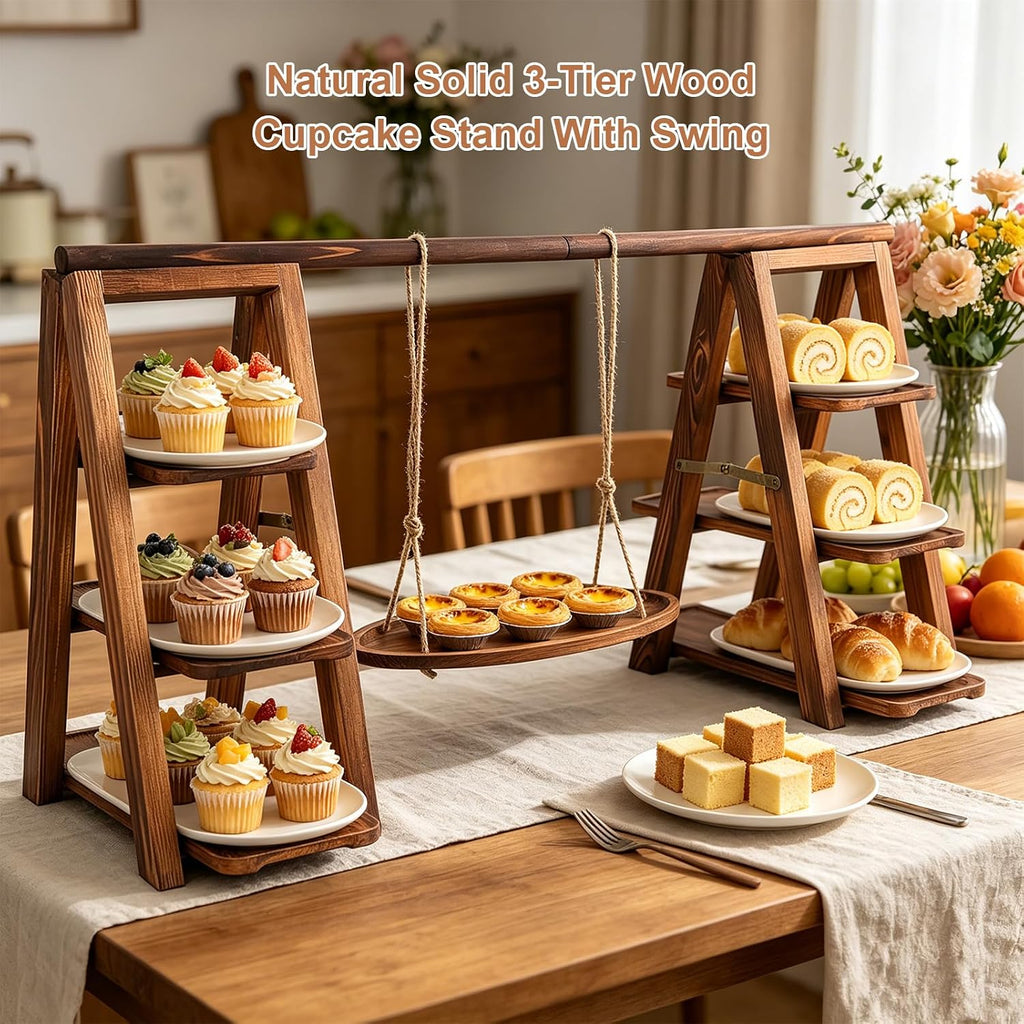 3 Tier Swing Wooden Cupcake Stand, Foldable Removable Serving Platter Tray | Rustic Party Food Display Stand, Dessert