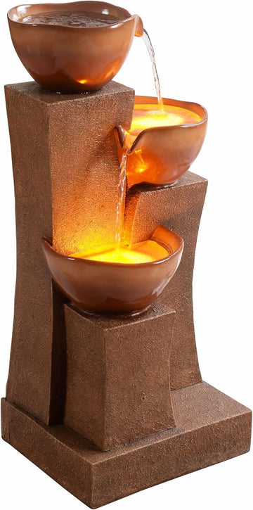 28.54 in. 3-Tier Cascading Outdoor Water Fountain with LED Lights for Gardens, Landscaping, Patios, Balconies, Lawns