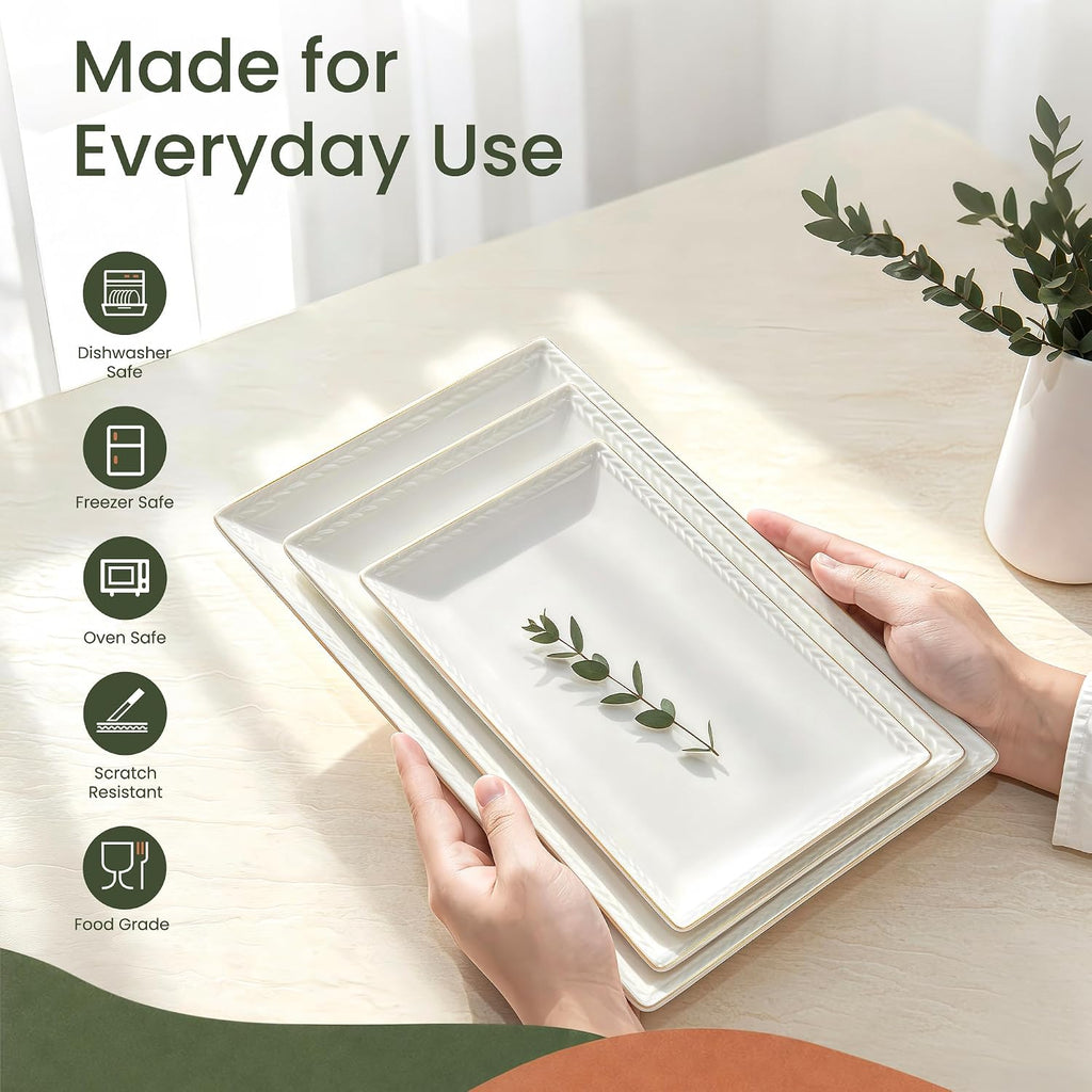 Ceramic Serving Platter Set | 16"/14"/12" Rectangular Serving Trays for Entertaining at Parties and Weddings | Oven