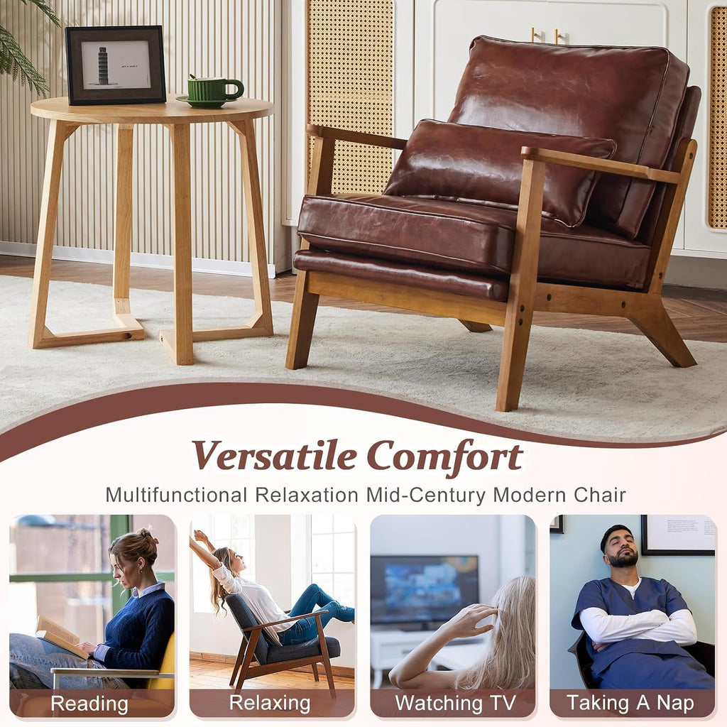 Solid Wood Wide Armrests Accent Chair,Upholstered Mid Century Modern Chair with Pillow,Comfy Reading Chair Farmhouse