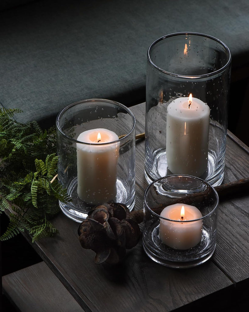 Hurricane Candle Holders Glass Cylinders Set of 3 (10" 7" 4") | Clear Seeded Bubbles, Cylinder Vases For Pillar