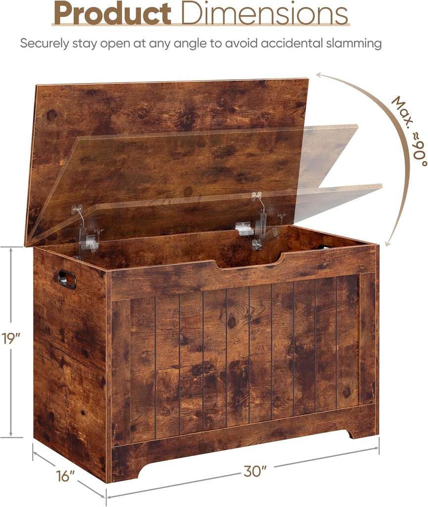 Storage Chest, 30 inches Chest Box Organizer with 2 Safety Hinges, Wooden Entryway Storage Bench, Rustic Brown