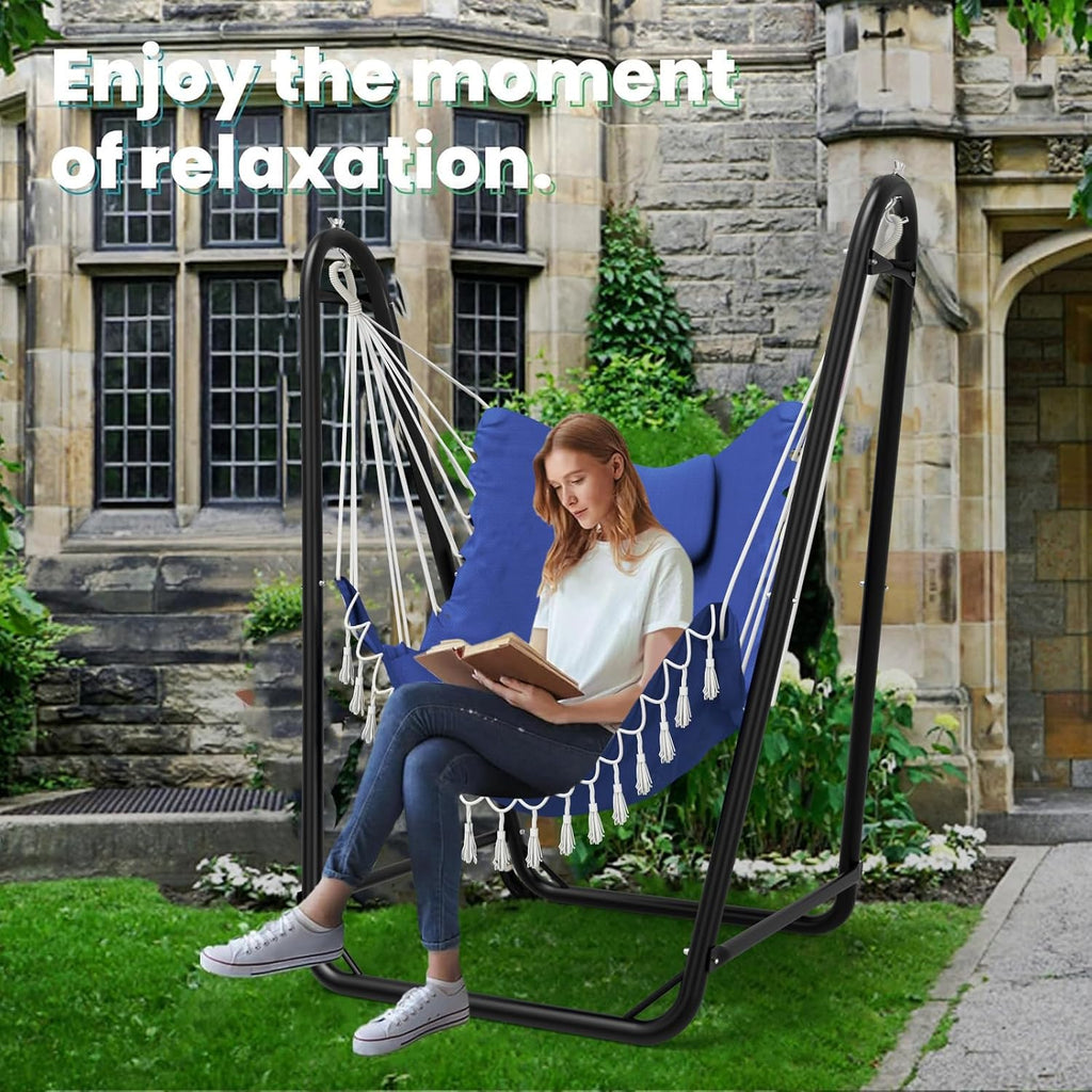 Hammock Chair with Stand, 350 lbs Swing Chair for Indoor Outdoor | U-Shape Anti-Tip Base, Steel Frame,Cotton Chair