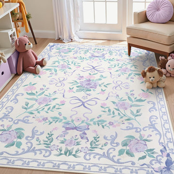 4x6 Purple Floral and Bow Washable Nursery Rug for Girls Bedroom