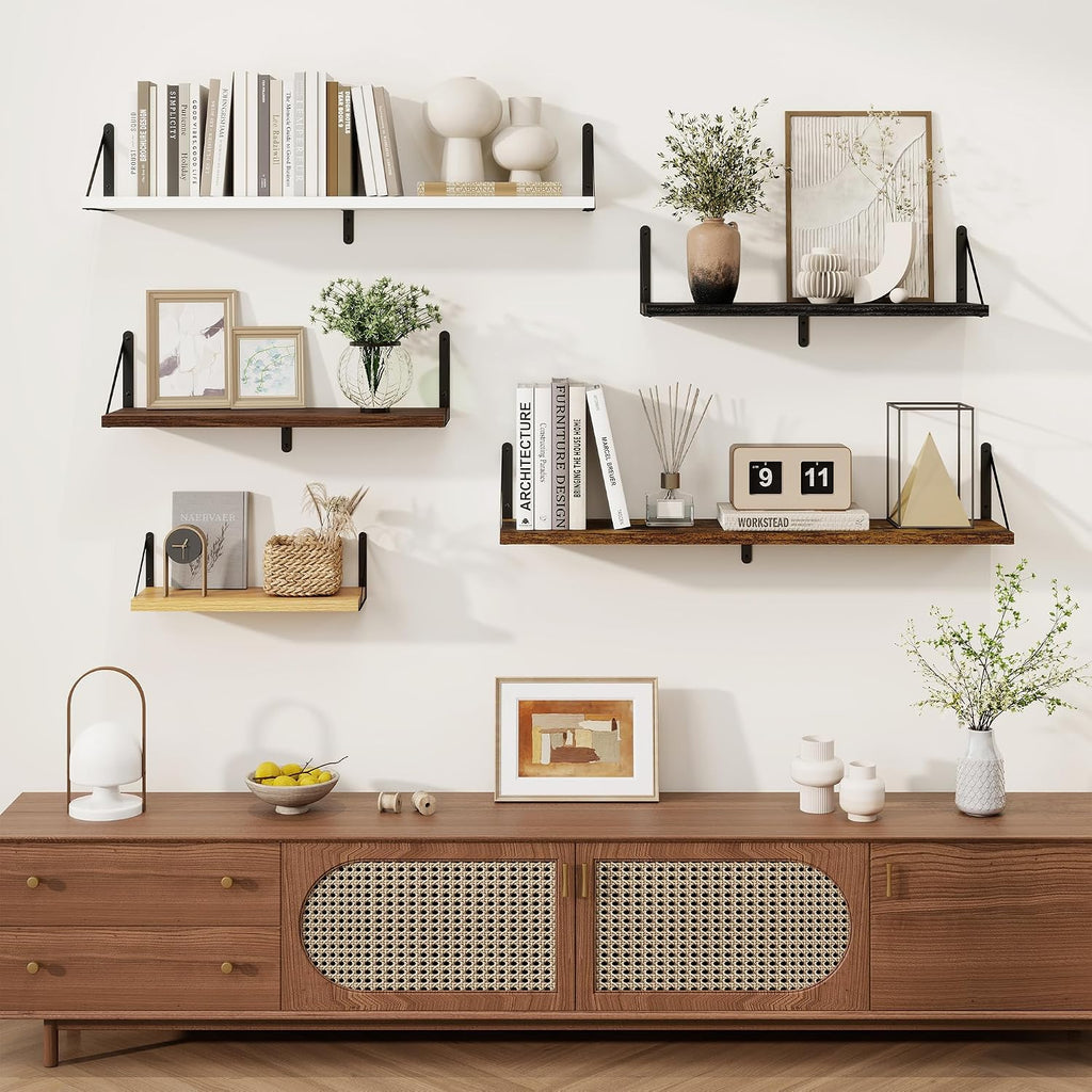 Book Shelf Set of 3, 16 inch Wall Shelves, Vintage Brown Shelves | Wall Mounted Bookshelf with Metal Brackets