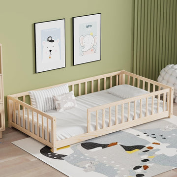 Twin Floor Bed for Kids Solid Wood Montessori Bed Frame with Safety Guardrails Multifunctional Montessori Floor Bed