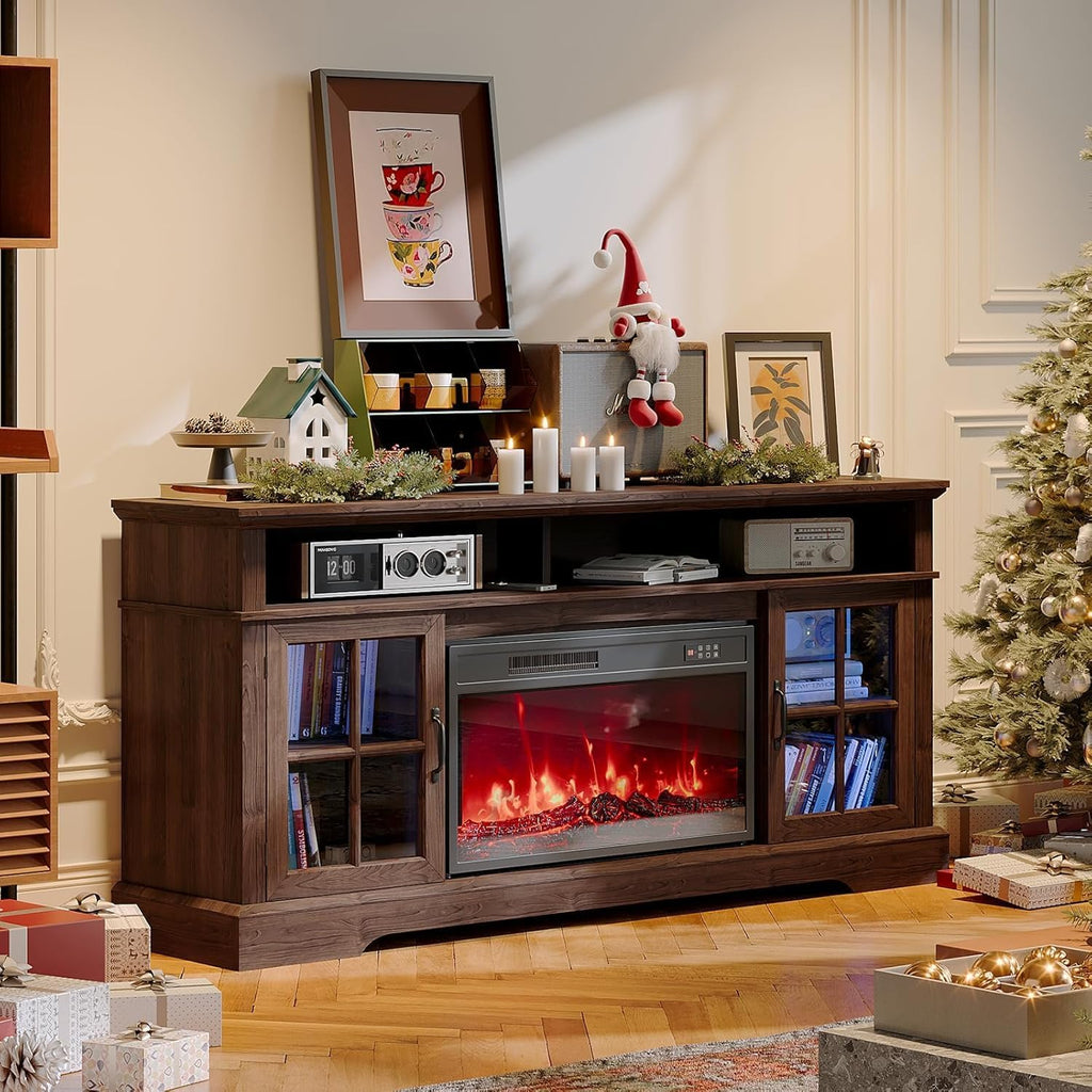 58" Fireplace TV Stand, Modern Entertainment Center for TVs Up to 70", TV Console with Storage Cabinets, Media