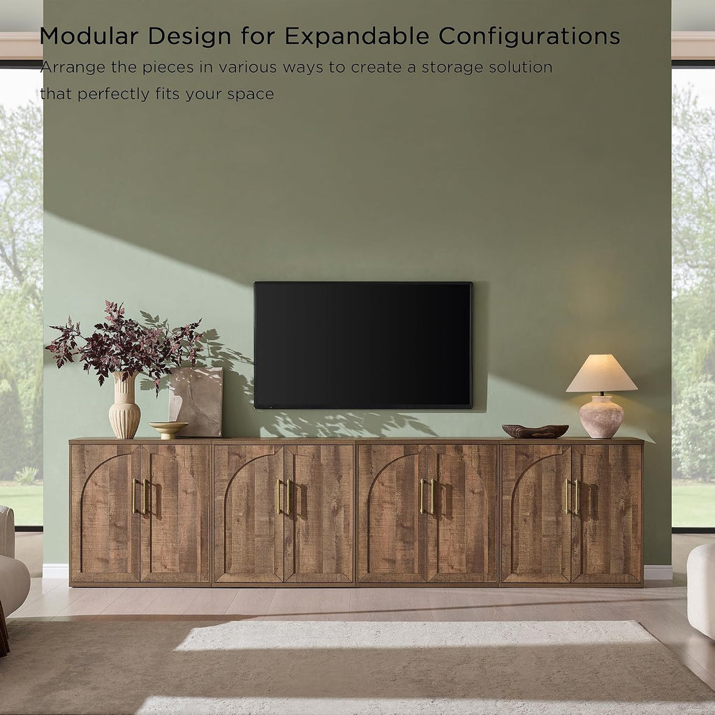 Arched Door Sideboard Buffet Cabinet Set of 2, Rustic Oak | Modular, Multi-Compartment Storage, Adjustable Shelf
