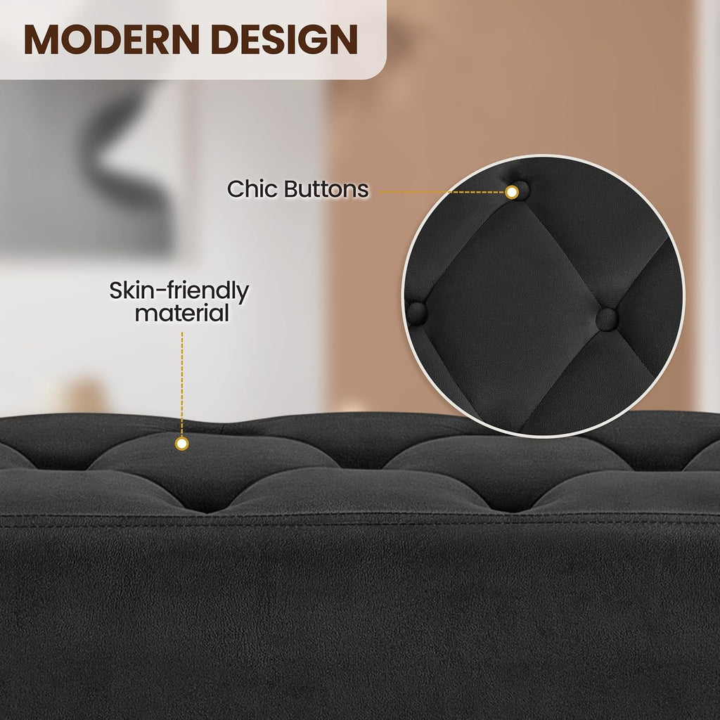 45in Velvet Ottoman Bench End of Bed, Black | Tufted Upholstered Bench Seat, Bed Bench with Tapered Gold Metal Legs