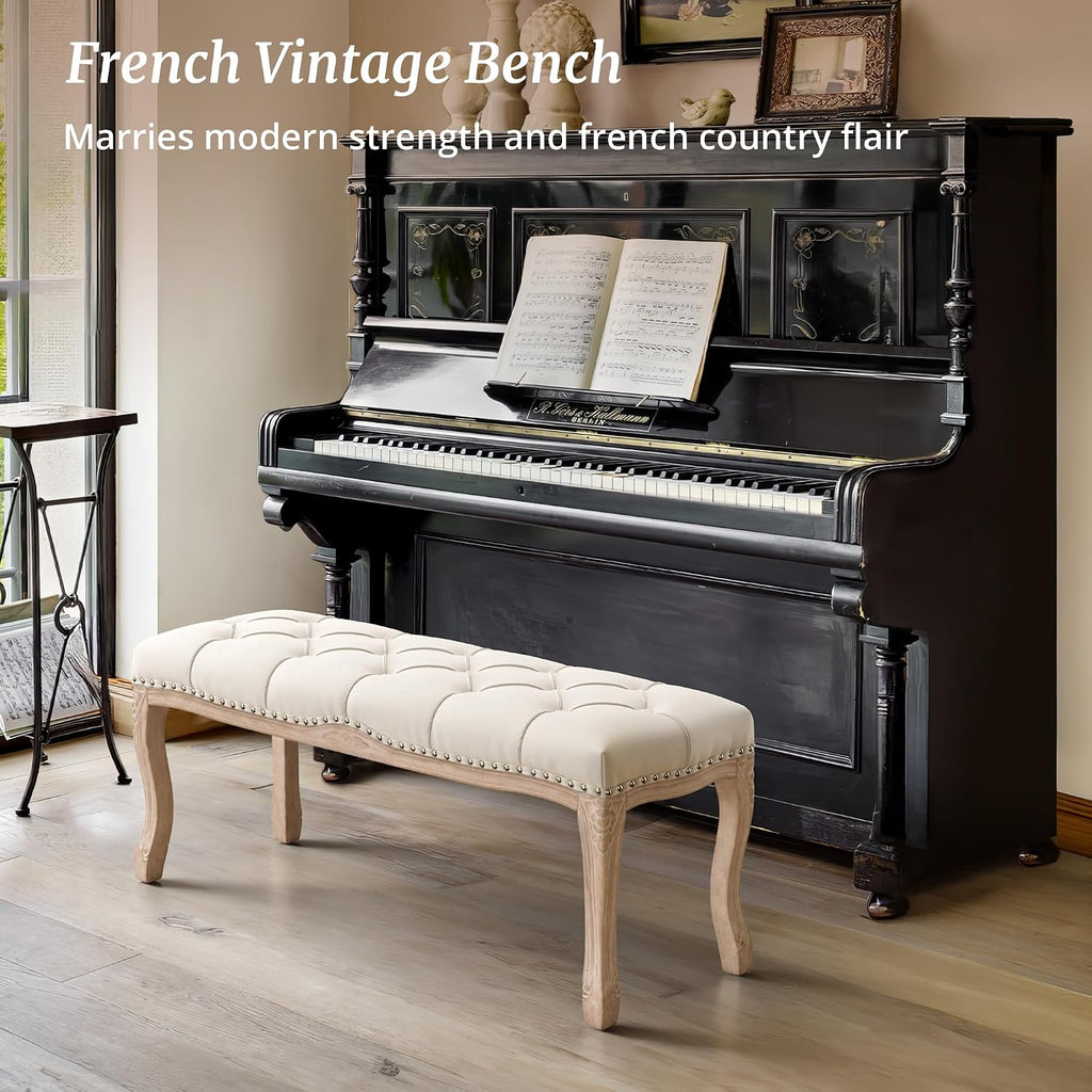 Bedroom Bench, French Vintage Tufted Entryway Bench, 45.2" Carving Upholstered End of Bed Bench with Distressed Wood