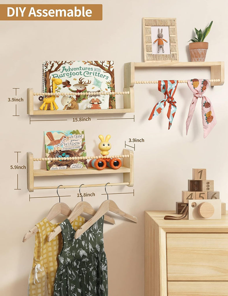 Nursery Shelves for Wall Set of 3, Natural Wood Floating Shelves | Kids Bookshelf with Towel Bar, Wall Mounted
