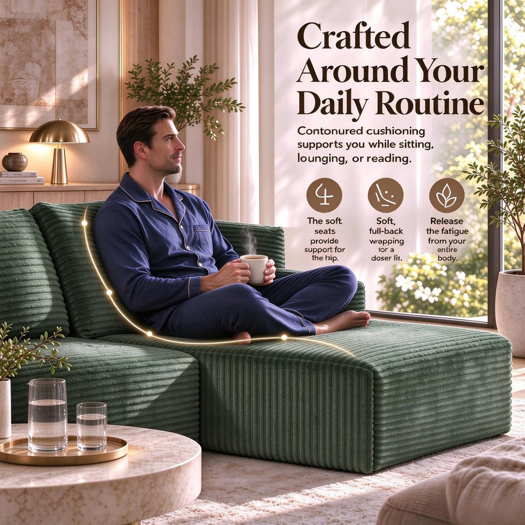 134" Boneless Couch, U-Shaped Modular Sectional Sofa, Green