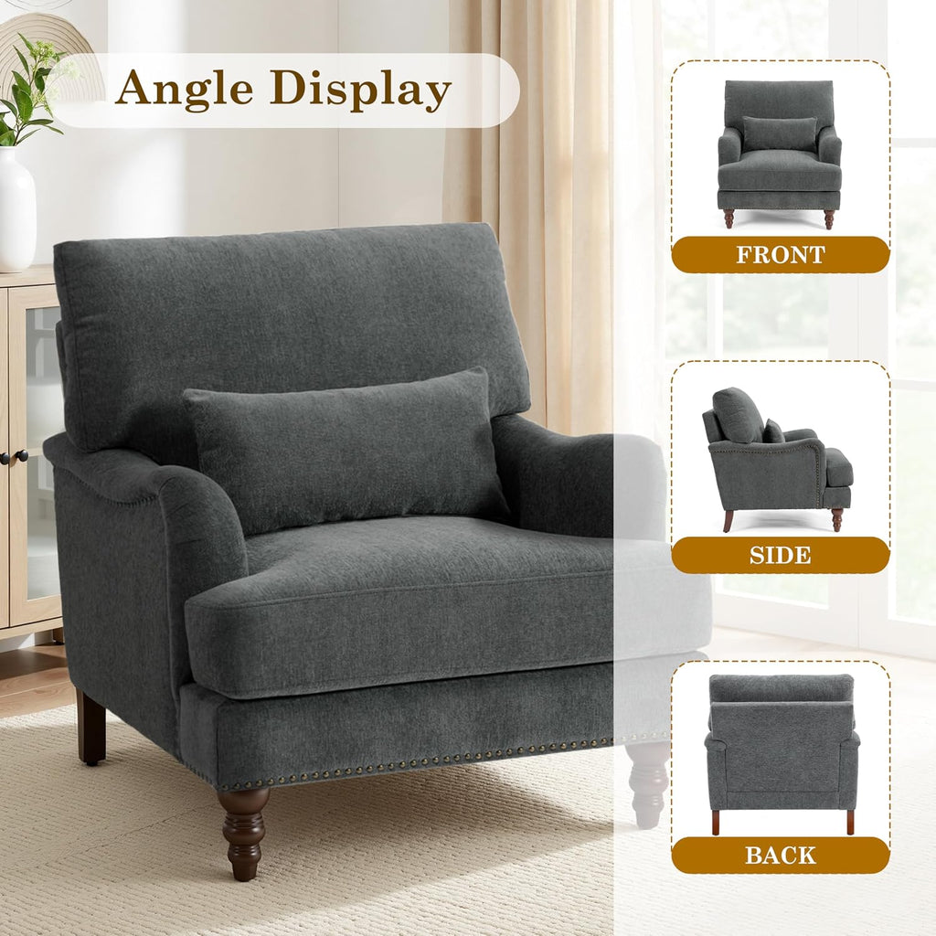 Accent Chair , Upholstered Armchair with Nailhead Trim & Solid Wood Legs, Mid Century Modern Chenille Club Chair
