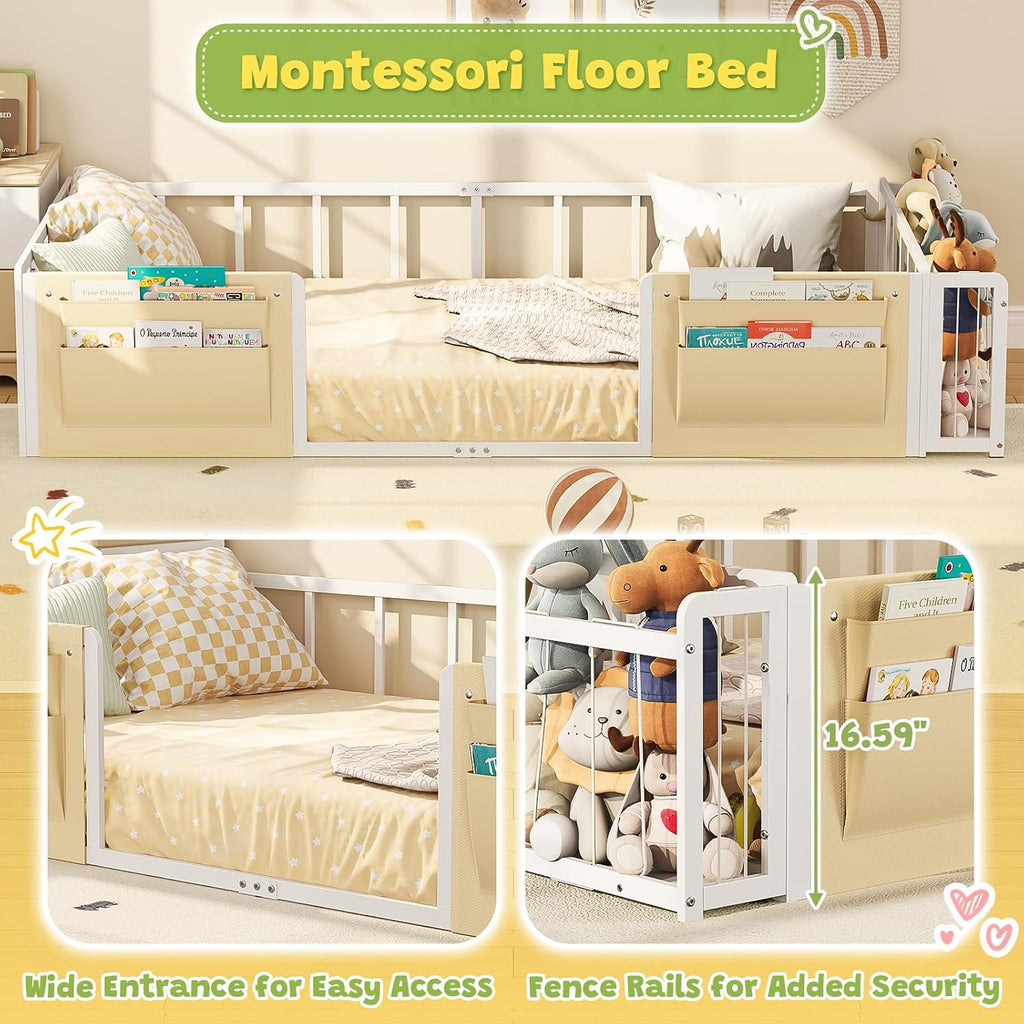 Montessori Twin Floor Bed with Stuffed Animal Storage and Caddy | Boys and Girls,Rail Fence,Metal Frame,No Box Spring