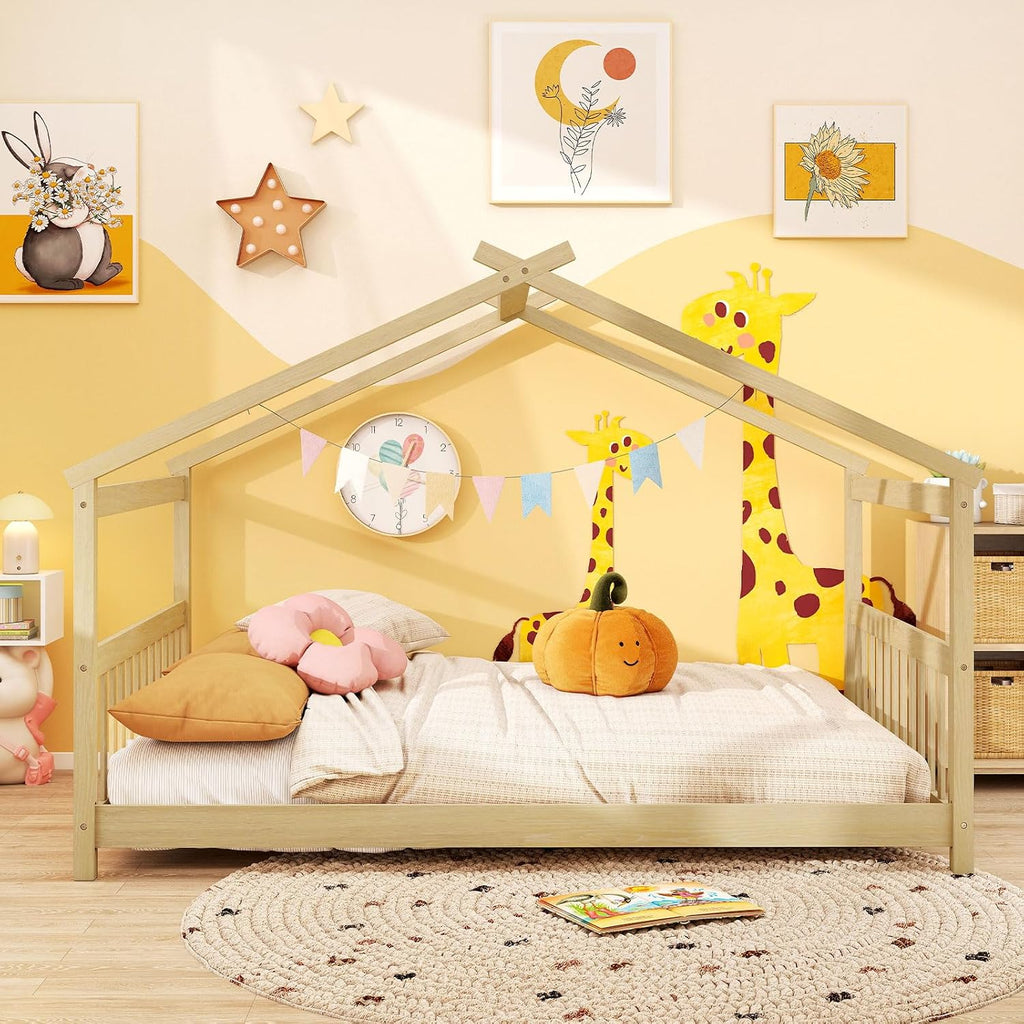 Full Size Floor Bed, Solid Wood Montessori House Bed with Roof, Headboard and Footboard, Low Full Bed Frame for Kids