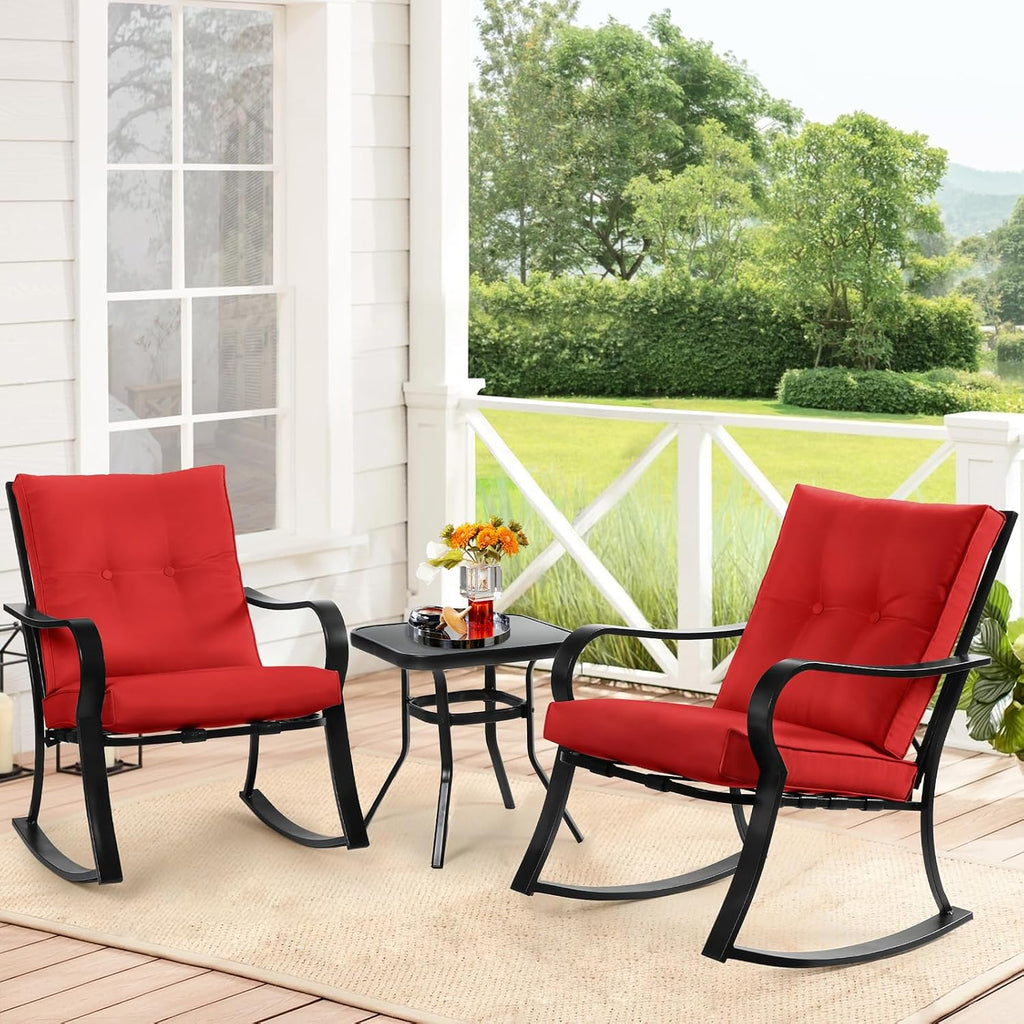 3-Piece Outdoor Rocking Chairs Bistro Set, Black Iron Patio Furniture with Red Thickened Cushion & Glass-Top Coffee