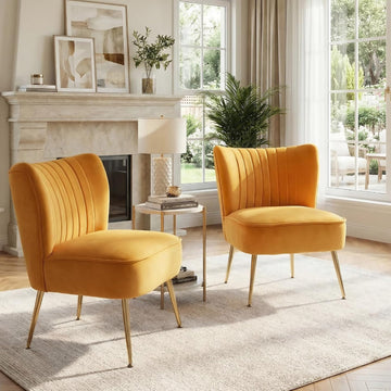Modern Accent Chair Set of 2 Velvet Slipper Chair with Gold Legs Wingback Side Chair Bedroom Entryway Small Corner