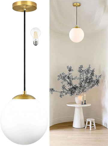 8 Inch Gold Modern Globe Pendant Light White Glass with Brass Finish Contemporary Mid Century Adjustable Hanging
