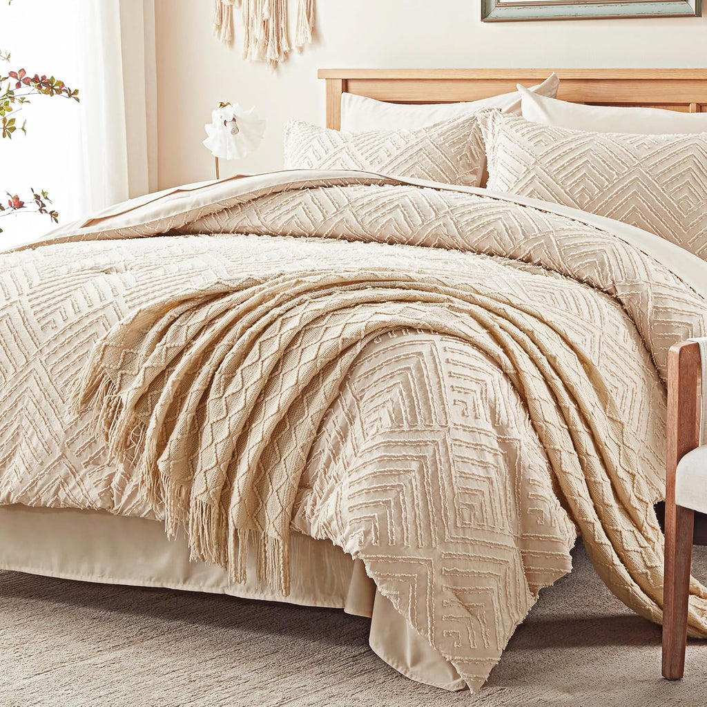 Comforter Set 7 Pieces, Beige Tufted Bed in a Bag with Comforter and Sheets