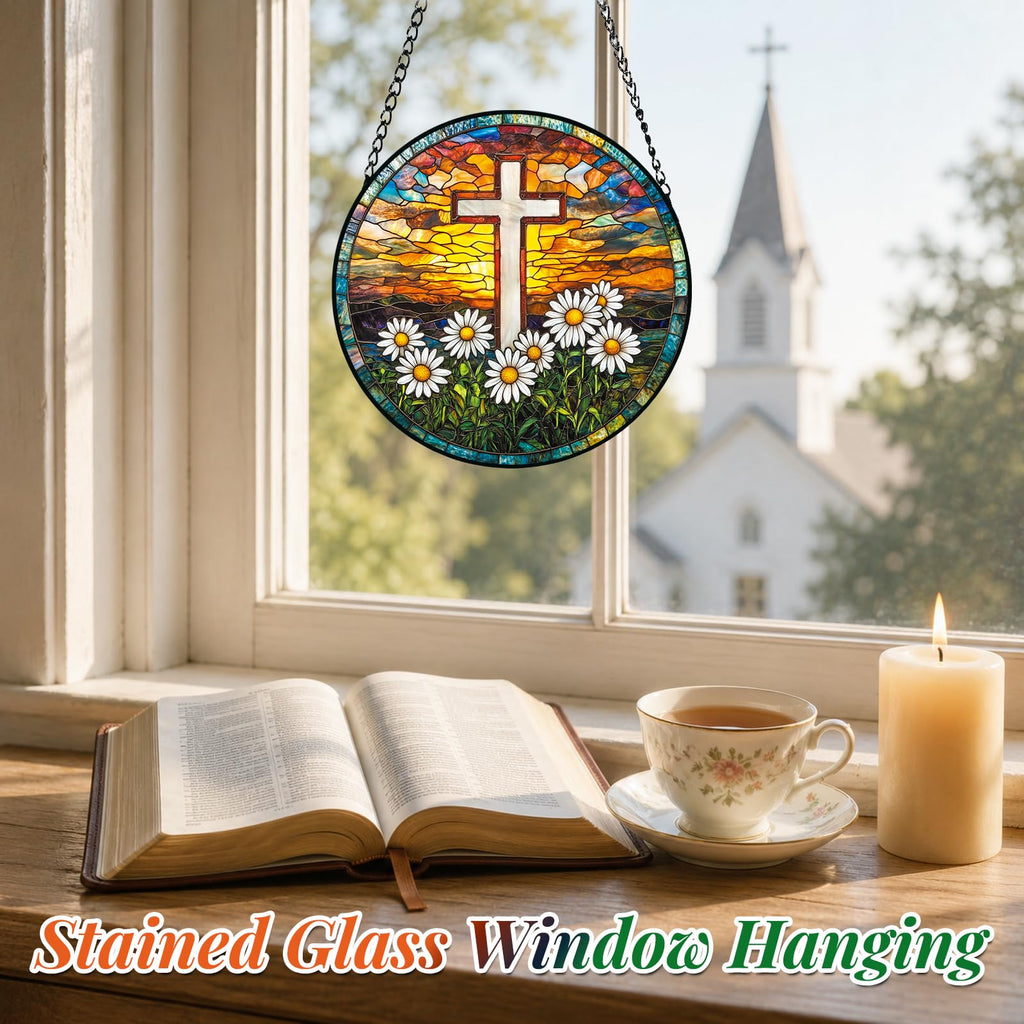 Cross Stained Glass Christian Window Hanging Religious Gift