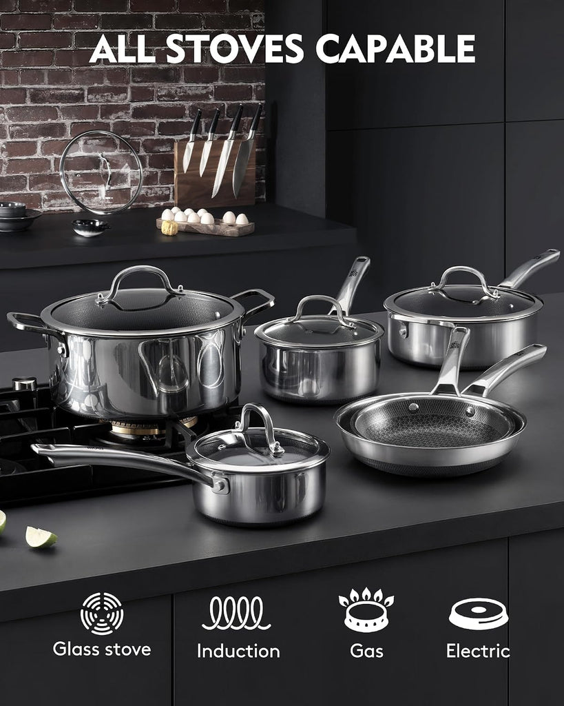 Pots and Pans Set Non Stick | Stainless Steel Kitchen Cookware | 10 Pcs | PFOA Free | Hybrid | Induction Compatible |