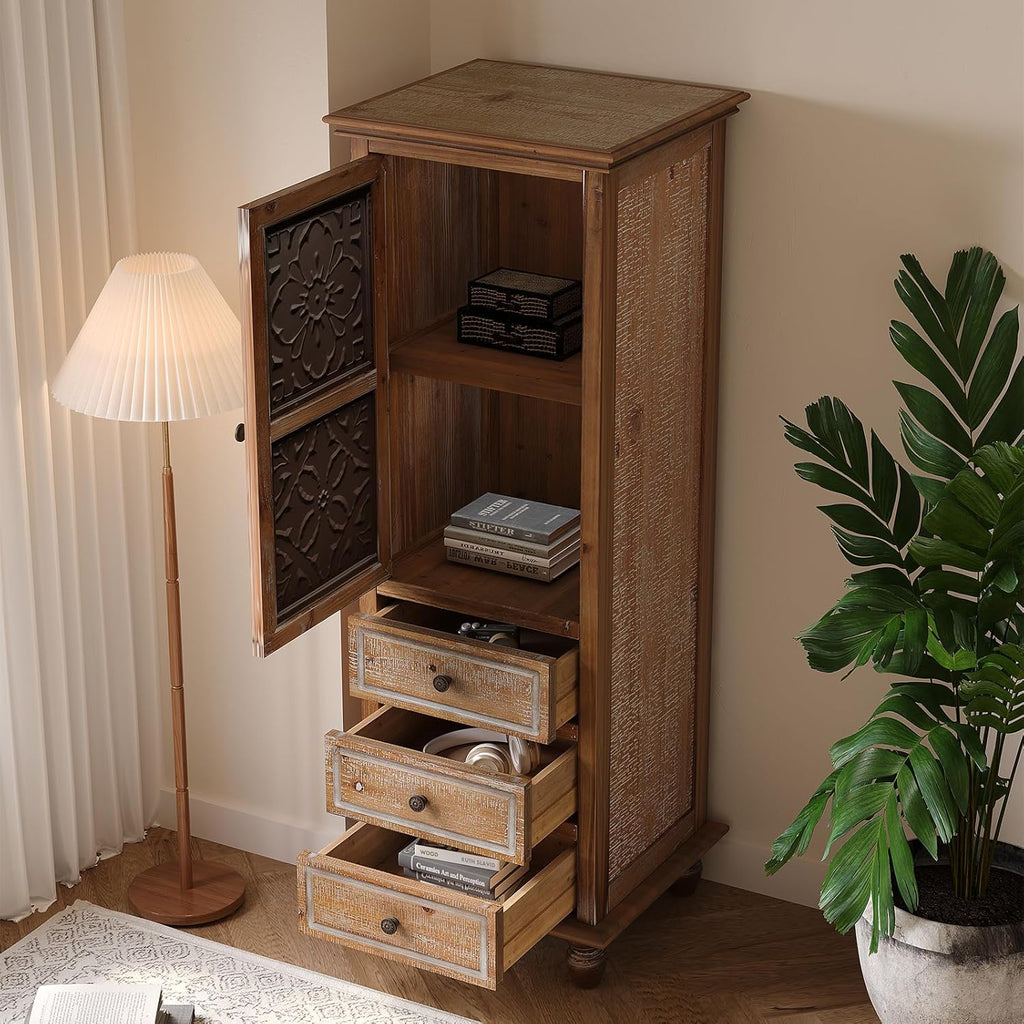 Solid Wood Tall Accent StorageCabinet,Narrow Carved Sideboard Buffet | Fir Wood 54" Tall Narrow Accent Storage