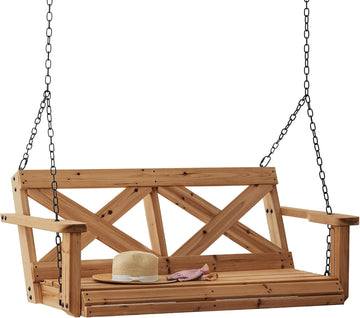 55" Cedar Wood Farmhouse Outdoor Porch Swing Bench with Two-Person Seating, Durable Hanging Chains, Water-Resistant