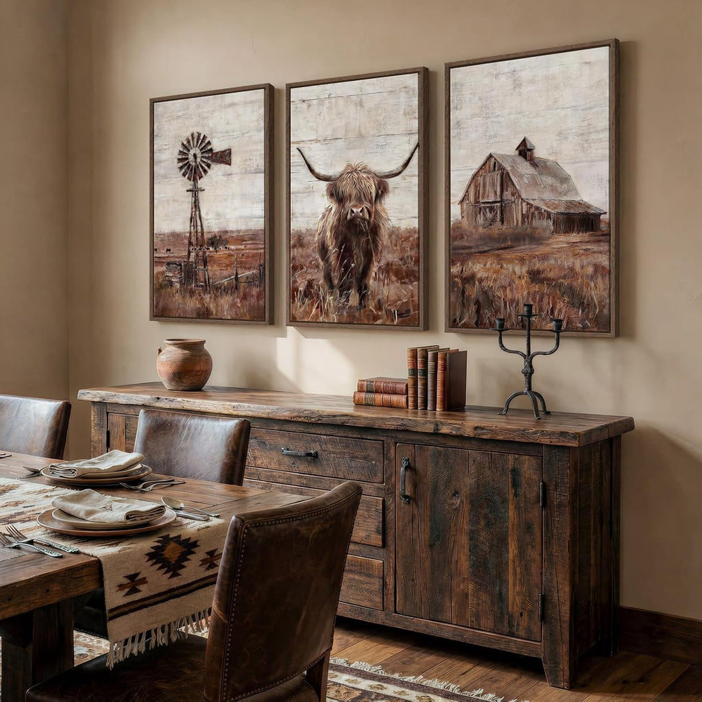 Framed Highland Cow Wall Art , Set of 3 Pieces Modern Farmhouse Canvas Prints, Brown Rustic Country Barn Wall Decor