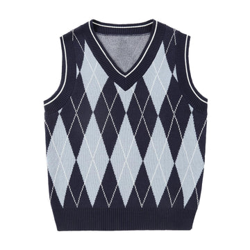 Boys Argyle Sweater Vest V-Neck Uniform Sleeveless Vest Kids Over Knit Sweaters for Children Navy