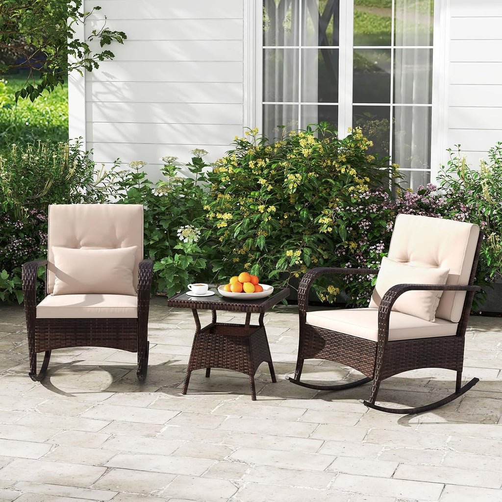 3 Pieces Outdoor Wicker Rocking Chair, Patio Furniture Set (Beige) | with Cushions, Pillows, Glass Coffee Table