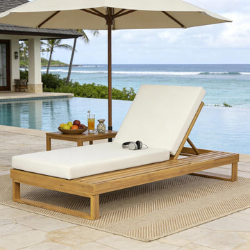 Acacia Wood Chaise Lounge Chair with 3-Fold Cushion, Outdoor Chaise Lounge with 4-Position Adjustable Backrest