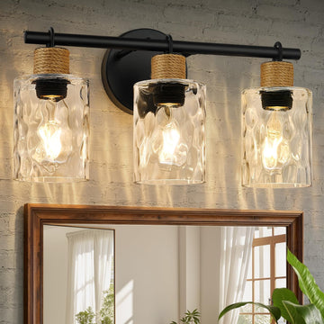 Bathroom Light Fixtures, 3-Light Coastal Vanity Lights with Crystal Glass Shade, Black Bathroom Wall Lamp for Mirror