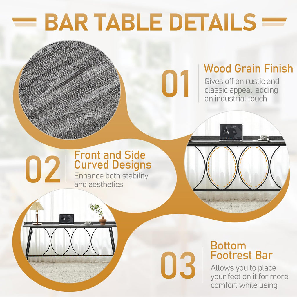 82.3" Bar Table, Counter Height Table with Back Rail, Wash Gray