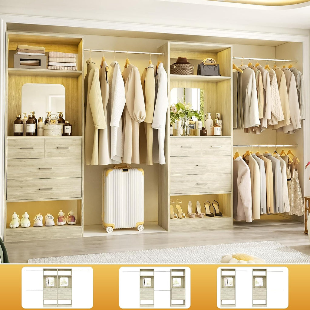 Closet System, 6-14FT Walk in Closet Organizer with 8 Drawers and Mirror, 168" Wood Closets Insert with Tower, Sturdy