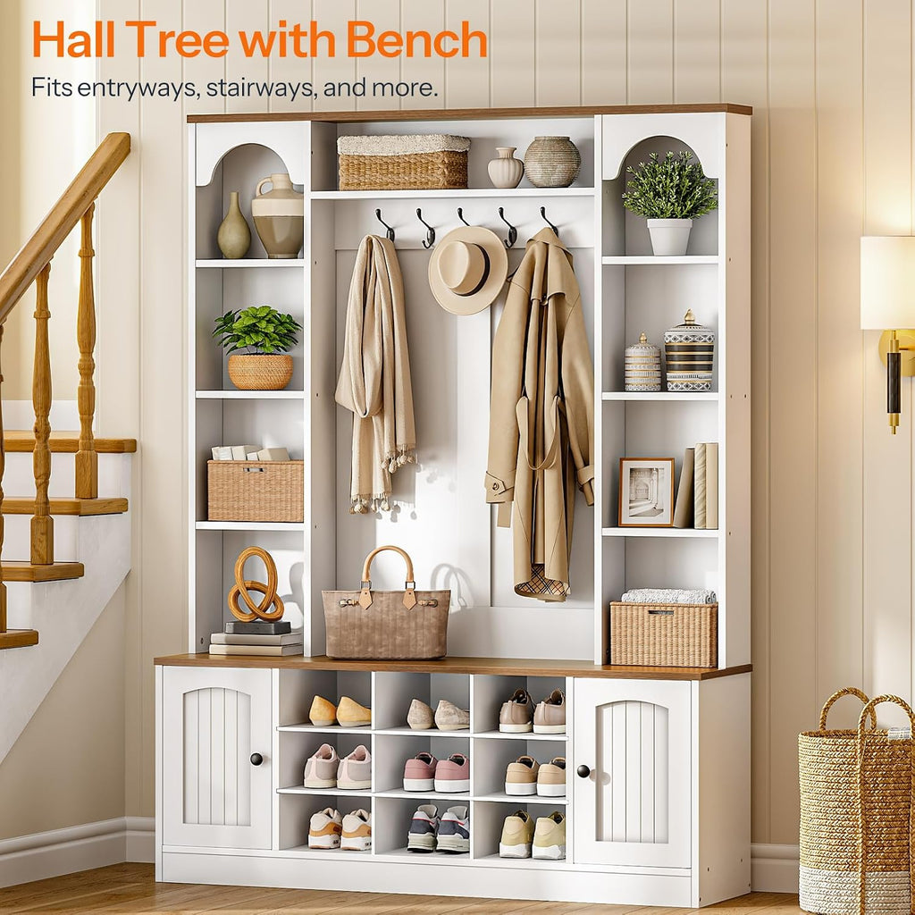 Hall Tree with Bench and Shoe Storage, 51" Entryway Bench with Coat Rack, Farmhouse Entryway Organizer with 5 Hooks