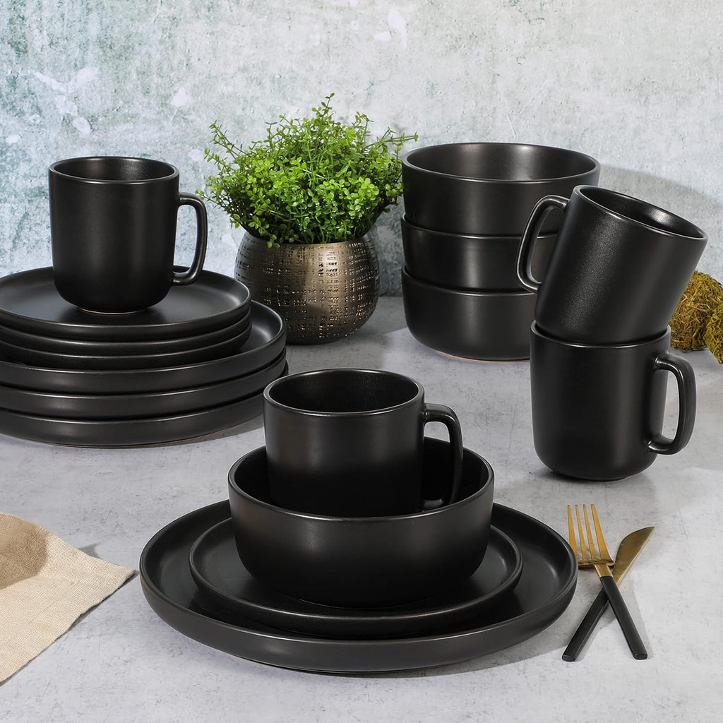 Zuma Stoneware Plates, Bowls, & Mugs Dinnerware Set - Matte Black, Service for Four (16pcs)
