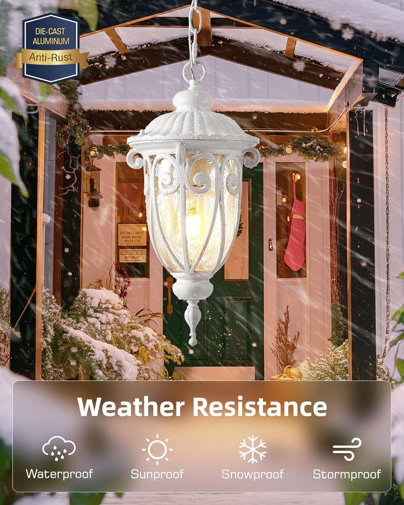 Outdoor Pendant Light Lantern, White Modern Outdoor Chandelier, Handcrafted Hanging Outdoor Lights with Seed Glass