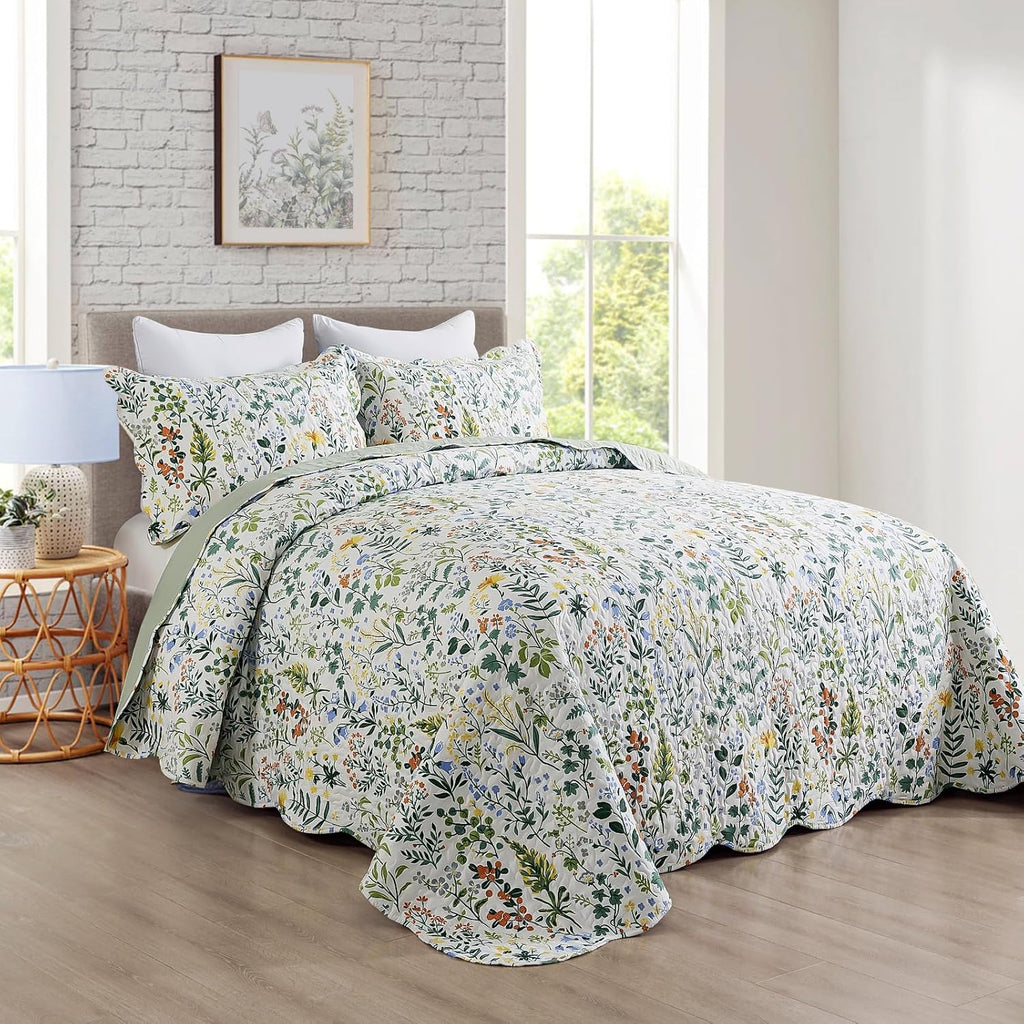 3-Piece Quilt Set Quilted Bedspread Lightweight Coverlet Set Garden Style Floral Printed Oversized Quilted Bedding