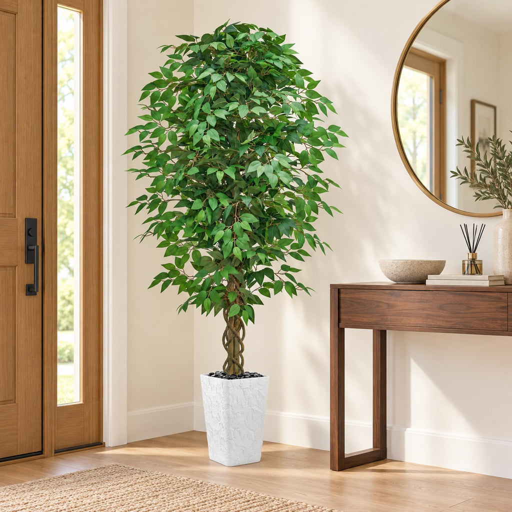 Artificial Ficus Tree 7FT, Large Fake Tree Decor (White Planter)