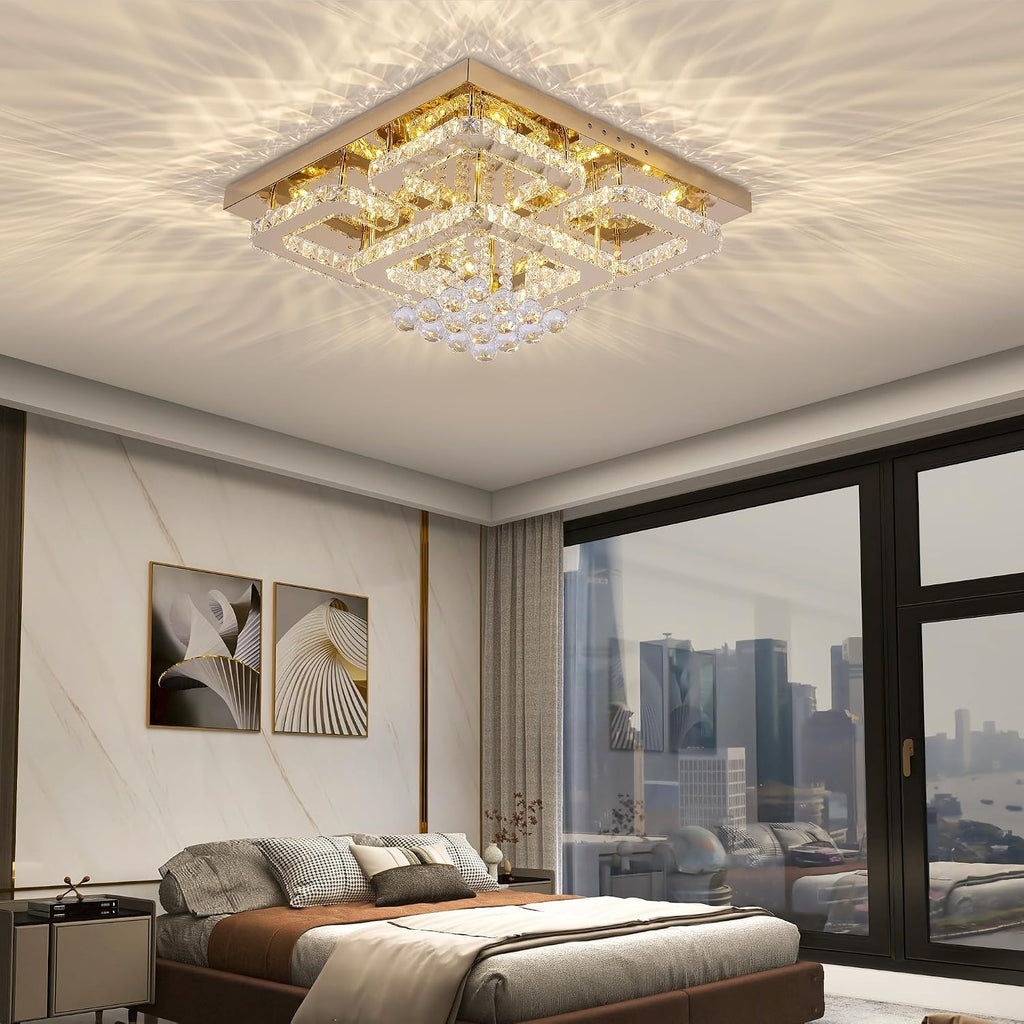 24 inch Flush Mount Chandelier Crystal Ceiling Light with Remote Control/APP, 3CCT Dimmable&Brightness Adjustable