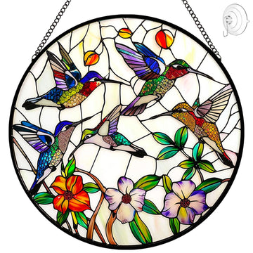Hummingbird and Flowers Stained Glass Window Hanging - 8′′ Hummingbird Suncatcher Indoor Window Hanging Decor Birds