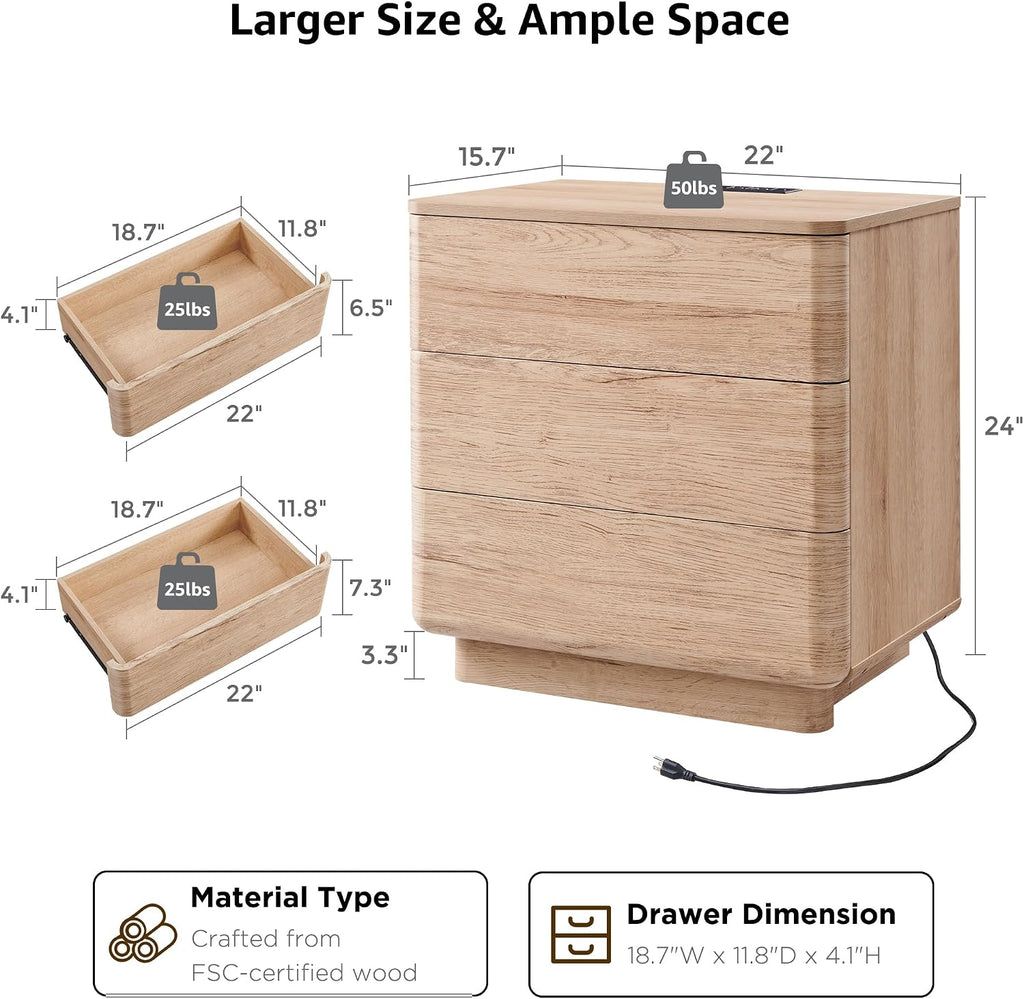 22" Modern Nightstand with Charging Station, Large Push-to-Open End Table, Wood Bedside Table w/Curved Profile